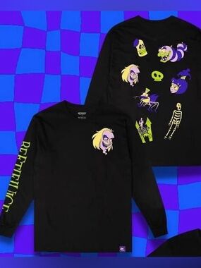 🪲Beetlejuice Neon Cartoon Characters RetroKid Black Graphic LongSleeve Shirt
